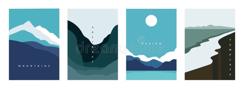 Cartel abstracto de montaña. banners de paisajes geométricos con colinas ríos y lagos escenas de naturaleza minimalista. vector