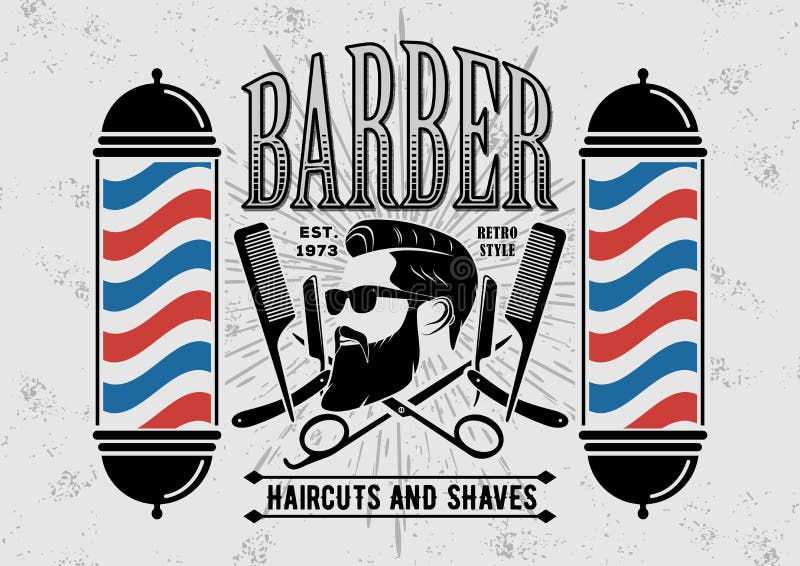 Cartel, bandera, etiqueta, insignia, o emblema de la barbería en fondo gris con el polo del peluquero en estilo del vintage libre illustration Cartel, bandera, etiqueta, insignia, o emblema de la barbería en fondo gris con el polo del peluquero en estilo del vintage libre illustration