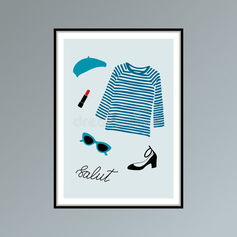 Cartel con la boina, el salut indicado con letras rayado de la palabra de la camisa del longlsleeve, de la barra de labios, del z stock de ilustración Cartel con la boina, el salut indicado con letras rayado de la palabra de la camisa del longlsleeve, de la barra de labios, del z stock de ilustración