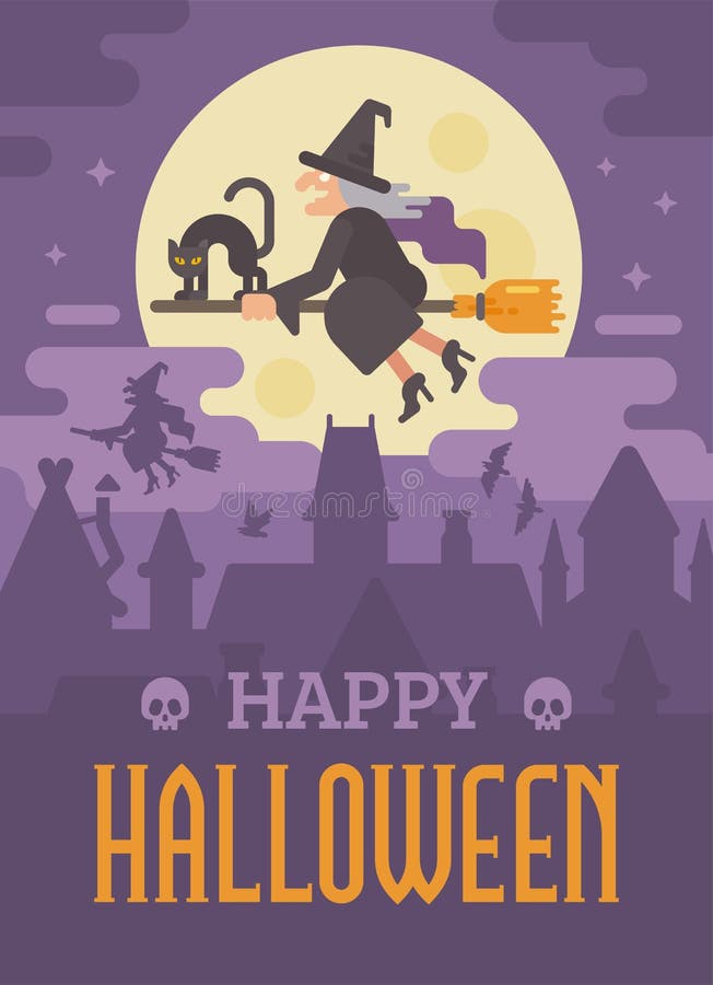Cartel de Halloween con el viejo vuelo de la bruja en una escoba con un gato ilustración del vector Cartel de Halloween con el viejo vuelo de la bruja en una escoba con un gato ilustración del vector