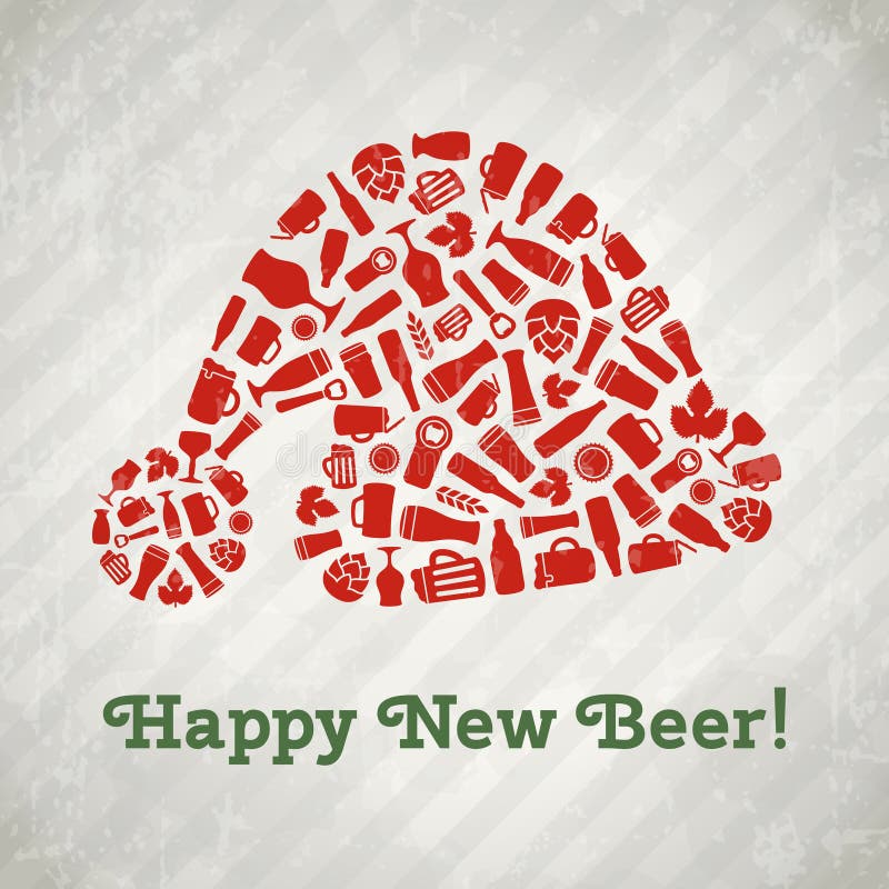 Vector Santa hat christmas beer poster. Happy new beer tagline. Santa hat composed of craft beer bottles, mugs, glasses, ingredients and accessories. Retro grunge new year background. Vector Santa hat christmas beer poster. Happy new beer tagline. Santa hat composed of craft beer bottles, mugs, glasses, ingredients and accessories. Retro grunge new year background