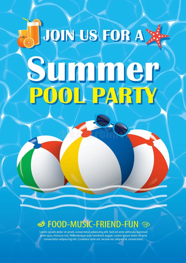 Cartel de la invitación de la fiesta en la piscina con agua azul Parte posterior del verano del vector ilustración del vector Cartel de la invitación de la fiesta en la piscina con agua azul Parte posterior del verano del vector ilustración del vector