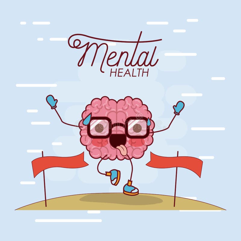 Mental health poster of brain cartoon with glasses running and pass finishing line and background light blue vector illustration. Mental health poster of brain cartoon with glasses running and pass finishing line and background light blue vector illustration