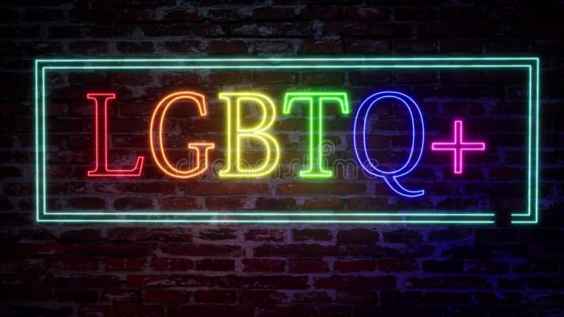 Cartel de Neon con la inscripción LGBTQ más en un fondo de pared de ladrillo Diseño de orgullo colorido Escritura de cotización A