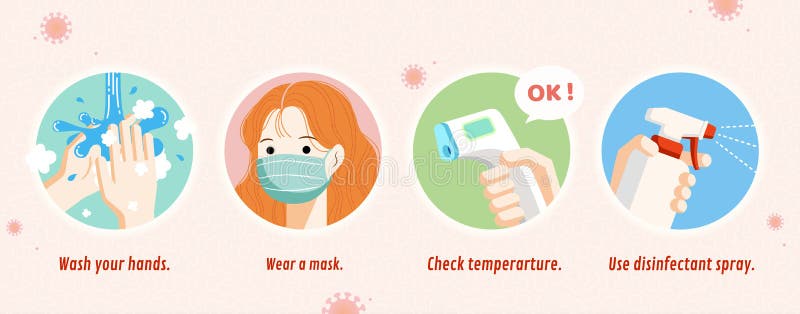 Four simple ways to prevent coronavirus including wash hands, wear a mask, check temperature and use disinfectant spray, COVID-19 prevention flat illustration banner. Four simple ways to prevent coronavirus including wash hands, wear a mask, check temperature and use disinfectant spray, COVID-19 prevention flat illustration banner