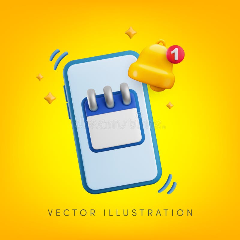 Cartel de recordatorio de calendario móvil 3d de dibujos animados. Calendario de representación realista y timbre de alerta en la stock de ilustración