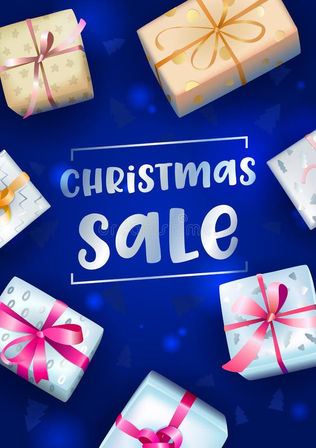 Cartel de venta navideña con tipografÃa y cajas de regalo festivas envueltas en fondo azul borroso con patrón de árbol de flor libre illustration Cartel de venta navideña con tipografÃa y cajas de regalo festivas envueltas en fondo azul borroso con patrón de árbol de flor libre illustration