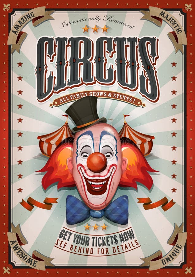 Illustration of retro and vintage circus poster background, with design clown face and grunge texture for arts festival events and entertainment background. Illustration of retro and vintage circus poster background, with design clown face and grunge texture for arts festival events and entertainment background