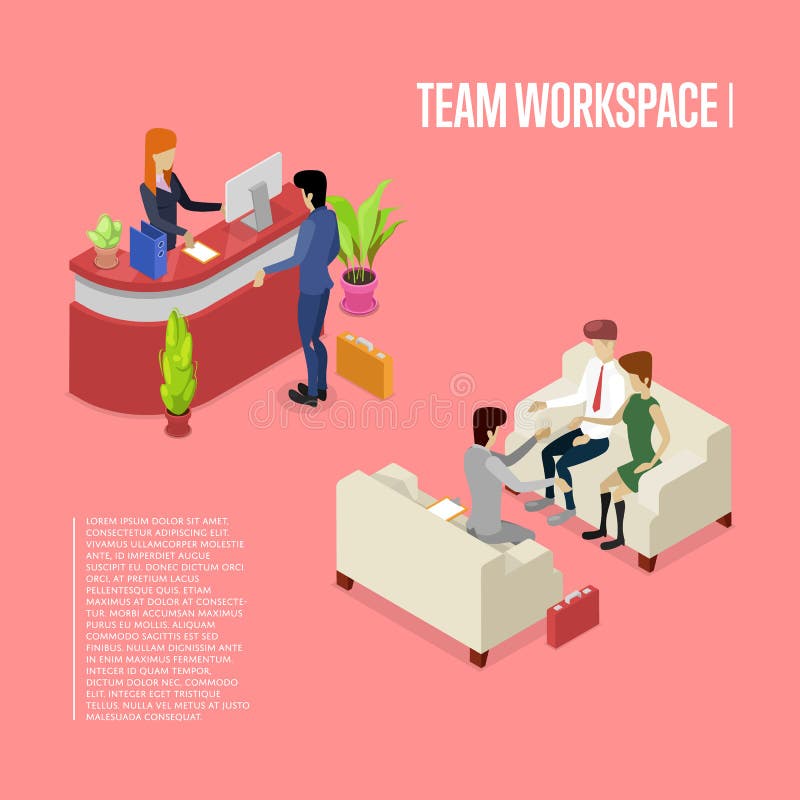 Cartel isométrico 3D del espacio de trabajo moderno del equipo stock de ilustración Cartel isométrico 3D del espacio de trabajo moderno del equipo stock de ilustración