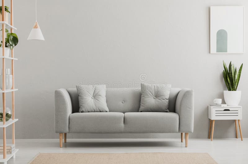 Cartel sobre el gabinete blanco con la planta al lado del sofá gris en simpl