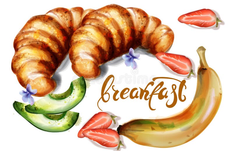 Carteles del menú de la plantilla del cruasán y del desayuno de la acuarela del vector de las frutas stock de ilustración Carteles del menú de la plantilla del cruasán y del desayuno de la acuarela del vector de las frutas stock de ilustración