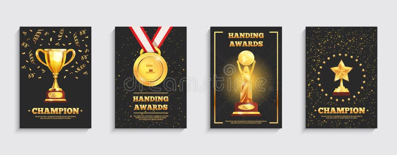 Carteles del trofeo del oro del premio fijados stock de ilustración Carteles del trofeo del oro del premio fijados stock de ilustración