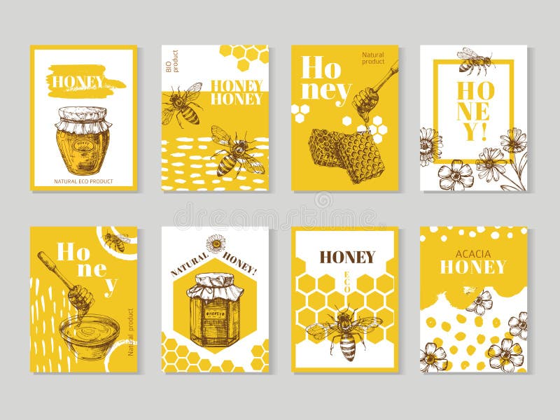 Carteles dibujados mano de la miel La miel natural que empaqueta con vector de la abeja, del panal y de la colmena diseña