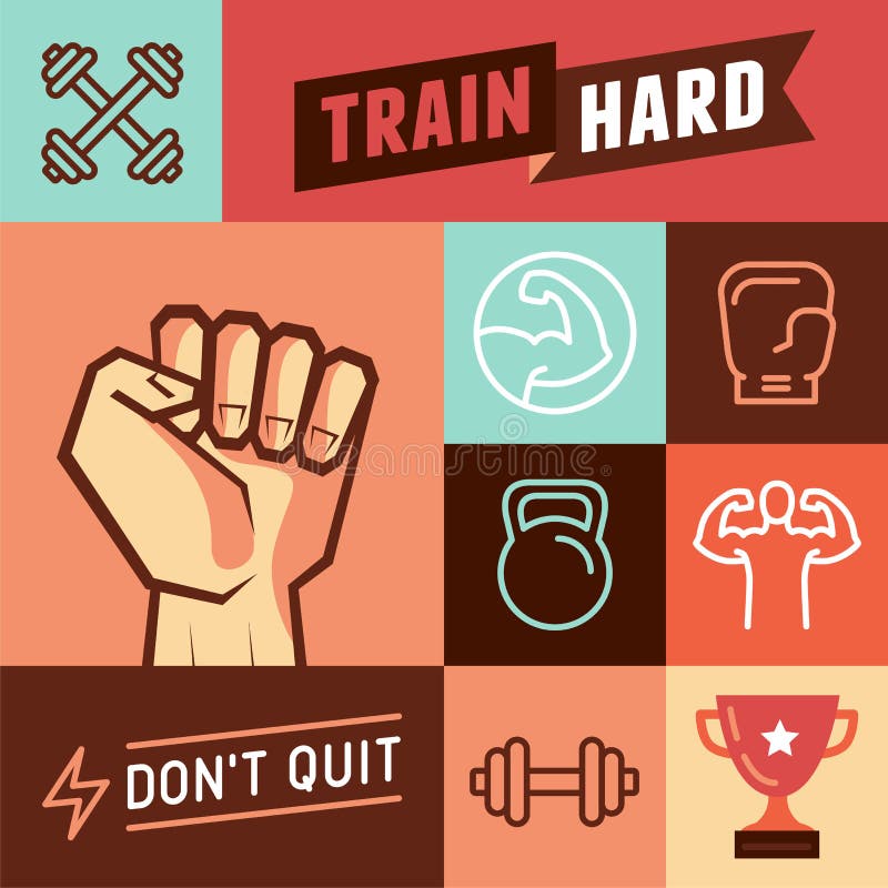 Vector set of design elements and icons for motivational sport posters and banners - signs for gyms and crossfit trainings. Vector set of design elements and icons for motivational sport posters and banners - signs for gyms and crossfit trainings