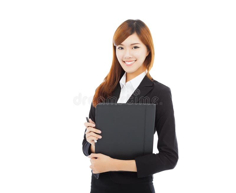 Cartella sorridente della tenuta della donna di affari isolata su bianco fotografia stock libera da diritti Cartella sorridente della tenuta della donna di affari isolata su bianco fotografia stock libera da diritti