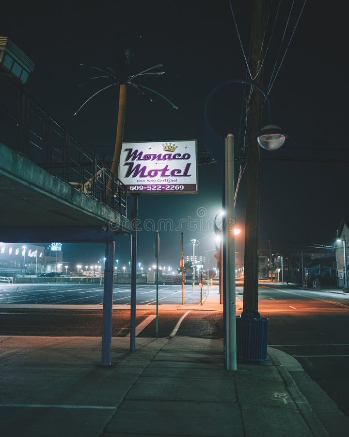 Travel photograph of monaco Motel vintage sign at night Wildwood New Jersey. Travel photograph of monaco Motel vintage sign at night Wildwood New Jersey