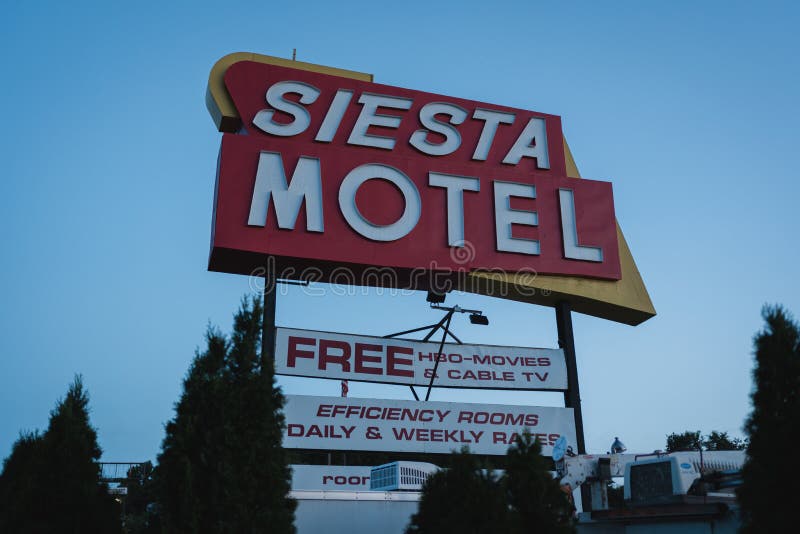 Travel photograph of siesta Motel sign at night Newington Connecticut. Travel photograph of siesta Motel sign at night Newington Connecticut