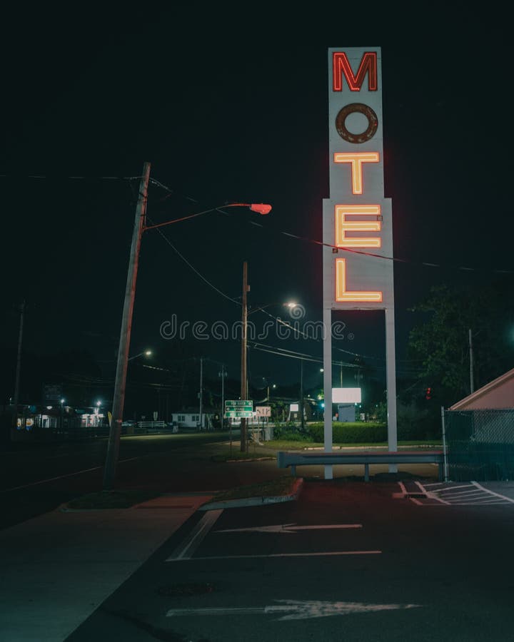 Travel photograph of shoreline Motel sign at night Milford Connecticut. Travel photograph of shoreline Motel sign at night Milford Connecticut