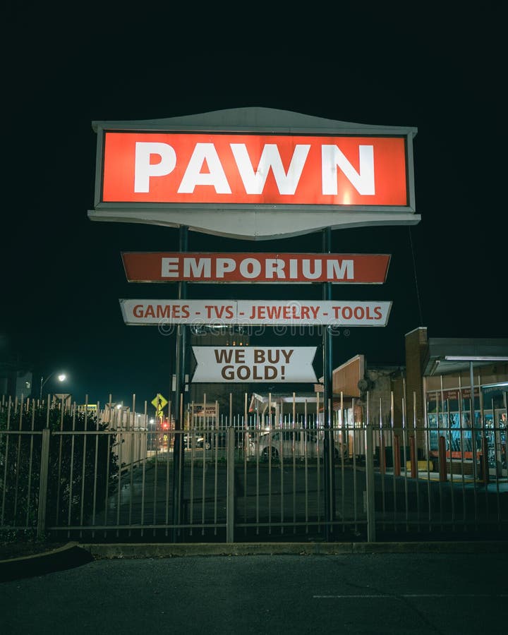 Travel photograph of Pawn Emporium sign at night Harrisonburg Virginia. Travel photograph of Pawn Emporium sign at night Harrisonburg Virginia