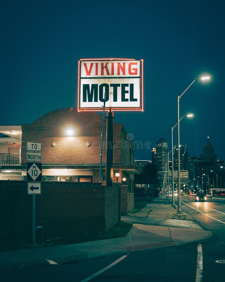 Travel photograph of viking Motel sign at night in Detroit Michigan. Travel photograph of viking Motel sign at night in Detroit Michigan