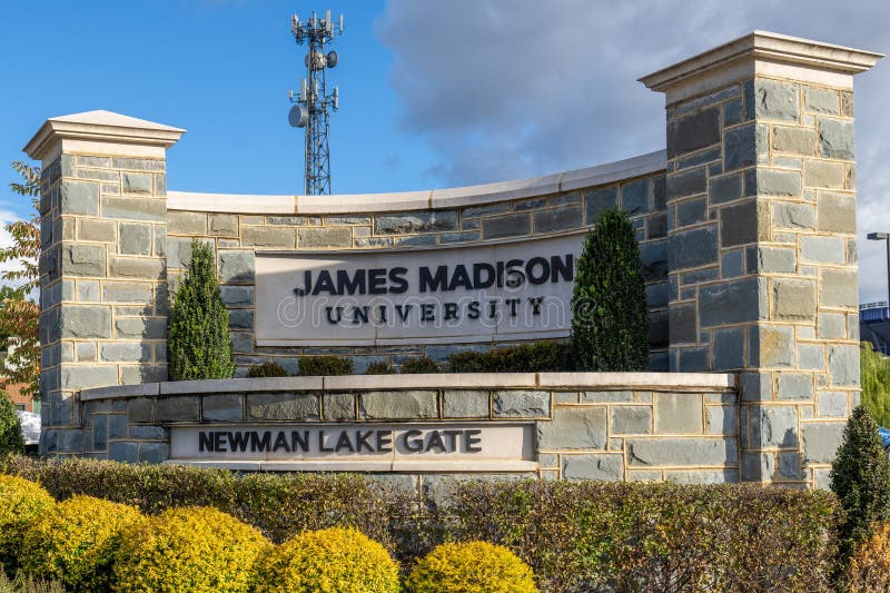 Harrisonburg, Virginia - Oct. 21, 2023: James Madison University Newman Lake Gate sign. Harrisonburg, Virginia - Oct. 21, 2023: James Madison University Newman Lake Gate sign