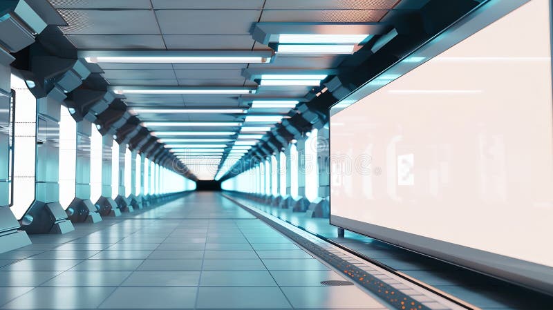 Generative AI : Large panoramic billboard on underground subway Mockup Hoarding advertising hanging on train station wall interior 3D rendering business concept. Generative AI : Large panoramic billboard on underground subway Mockup Hoarding advertising hanging on train station wall interior 3D rendering business concept.