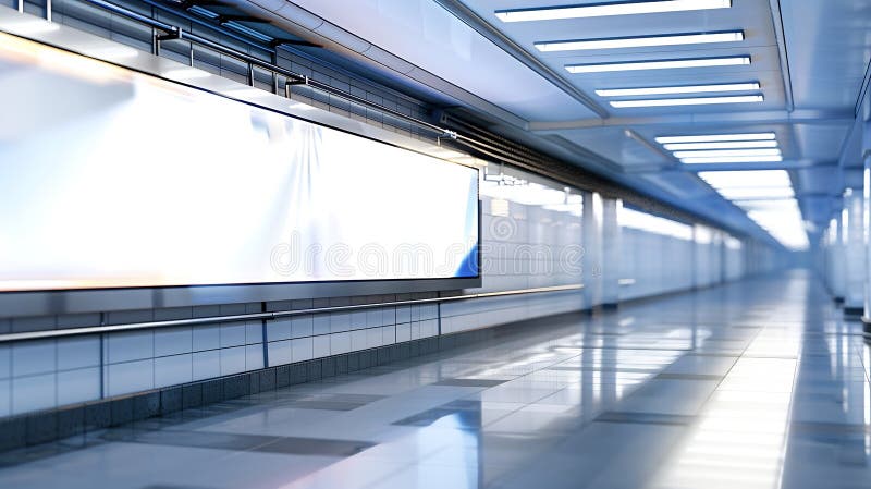 Generative AI : Large panoramic billboard on underground subway Mockup Hoarding advertising hanging on train station wall interior 3D rendering business concept. Generative AI : Large panoramic billboard on underground subway Mockup Hoarding advertising hanging on train station wall interior 3D rendering business concept.