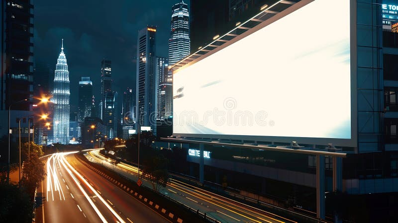 Generative AI : Blank white road billboard with KL cityscape background at night time Street advertising poster mock up 3D rendering Side view The concept of marketing communicatio. Generative AI : Blank white road billboard with KL cityscape background at night time Street advertising poster mock up 3D rendering Side view The concept of marketing communicatio