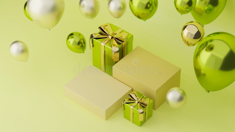 Cartellone speciale per lo shopping online in vacanza a colori verdi con scatole regalo e palloncini illustrazione di stock