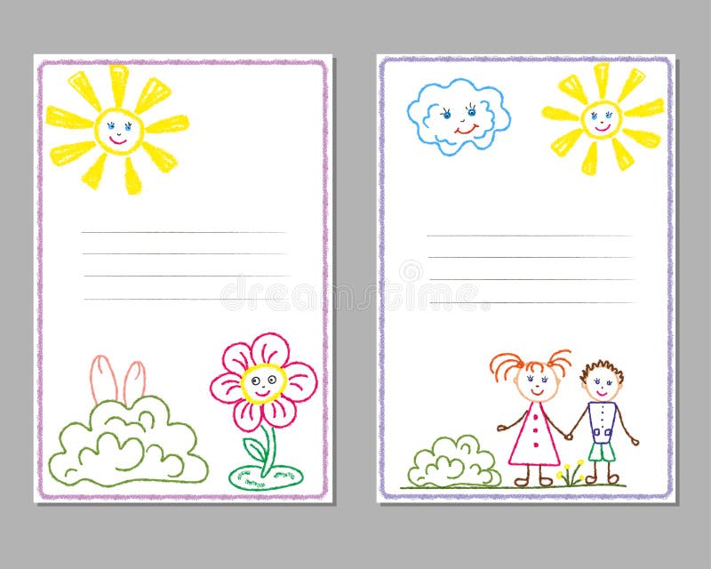 Cartes avec les dessins au crayon des enfants, avec l'image du soleil, enfants, fleurs, amitié illustration libre de droits Cartes avec les dessins au crayon des enfants, avec l'image du soleil, enfants, fleurs, amitié illustration libre de droits