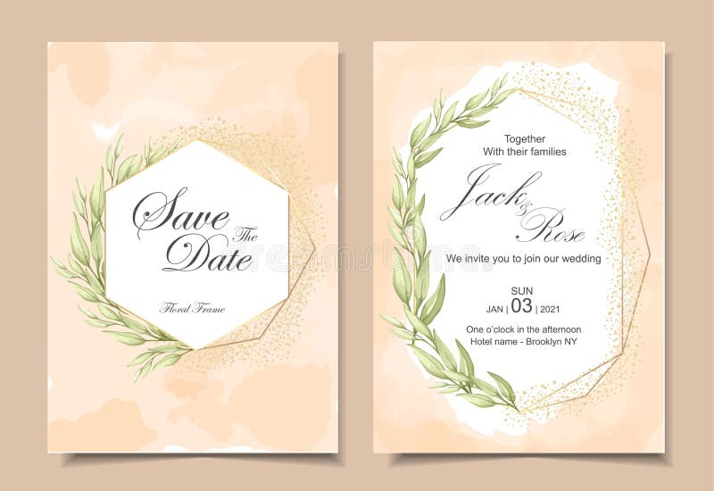 Cartes d'invitation de mariage de cru avec la texture de fond d'aquarelle, le cadre d'or g?om?trique, et les feuilles de dessin d illustration de vecteur Cartes d'invitation de mariage de cru avec la texture de fond d'aquarelle, le cadre d'or g?om?trique, et les feuilles de dessin d illustration de vecteur