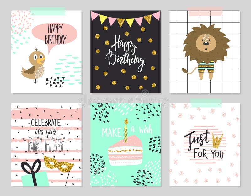Cartes de voeux de joyeux anniversaire et calibres d'invitation de partie, illustration Style tiré par la main illustration stock Cartes de voeux de joyeux anniversaire et calibres d'invitation de partie, illustration Style tiré par la main illustration stock
