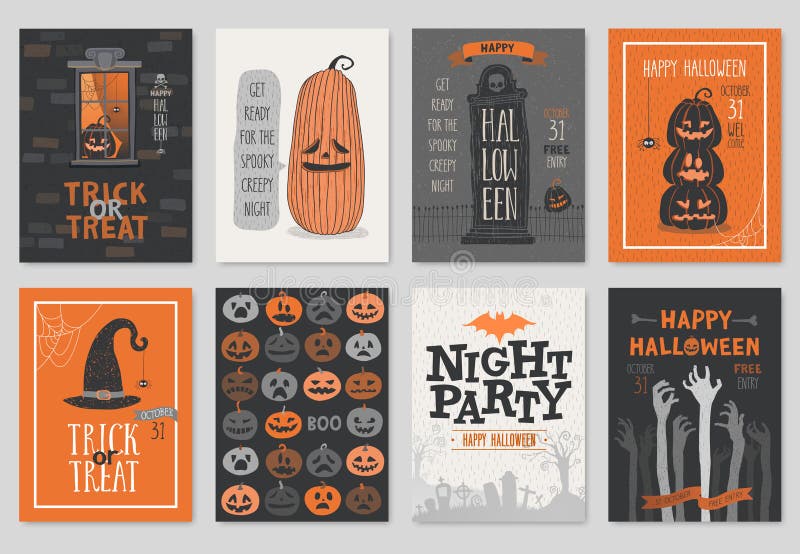 Cartes de voeux tirées par la main d'invitation ou de Halloween réglées illustration stock Cartes de voeux tirées par la main d'invitation ou de Halloween réglées illustration stock