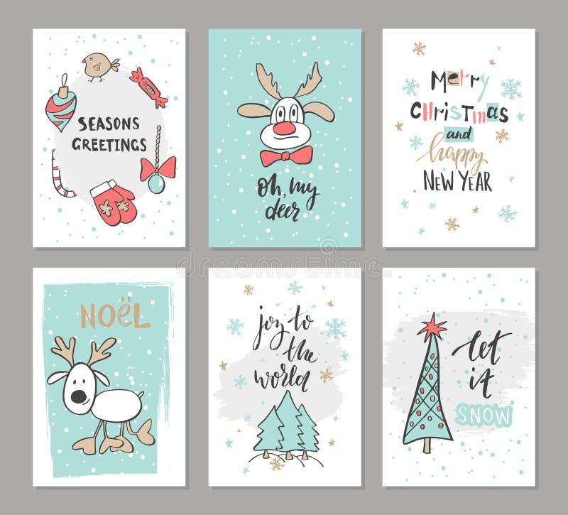 Cartes mignonnes tirées par la main de Noël avec le renne, les arbres, la sucrerie, la mitaine, l'oiseau et d'autres articles Ill illustration libre de droits Cartes mignonnes tirées par la main de Noël avec le renne, les arbres, la sucrerie, la mitaine, l'oiseau et d'autres articles Ill illustration libre de droits