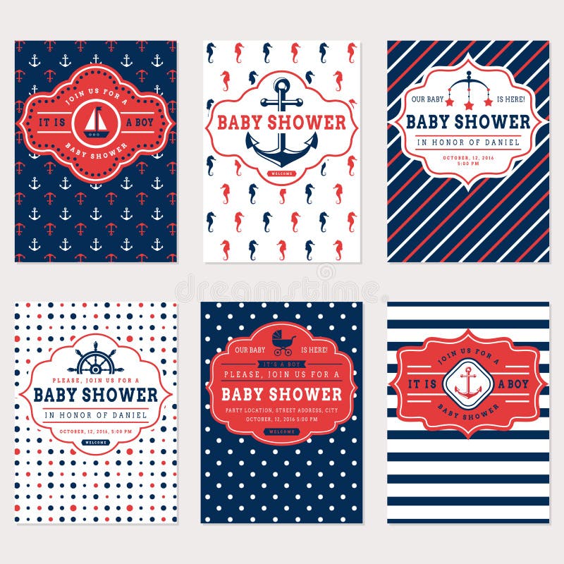 Nautical baby shower cards. Sea theme baby party invitations. Collection of cute banners in white, red and blue colors. Vector set. Nautical baby shower cards. Sea theme baby party invitations. Collection of cute banners in white, red and blue colors. Vector set.