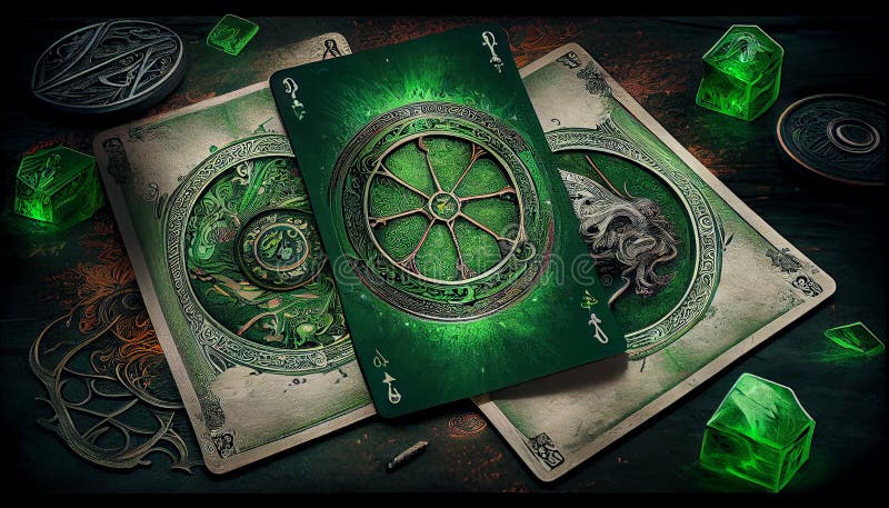 Cartes Tarot Vert Avec Différents Objets Mystiques Sur Bois Blanc. Concept  Spirituel Illustration Stock - Illustration du païen, vert: 270887913