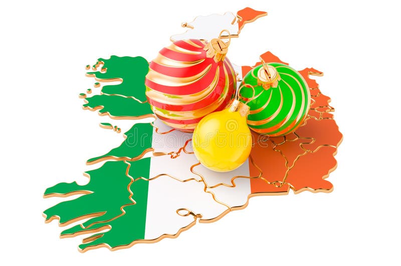 Irish map with colored Christmas balls. New Year and Christmas holidays concept, 3D rendering isolated on white background. Irish map with colored Christmas balls. New Year and Christmas holidays concept, 3D rendering isolated on white background