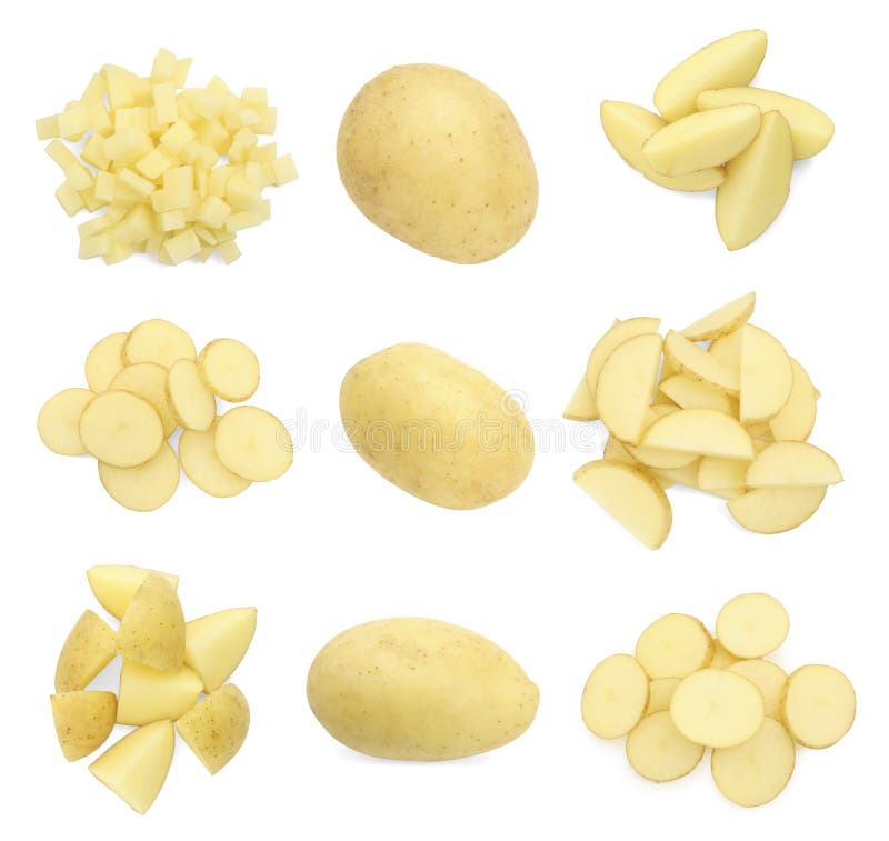 Cartofi proaspeți izolați pe platoul alb. Tipuri diferite de bucăți și bucăți întregi royalty free stock photos