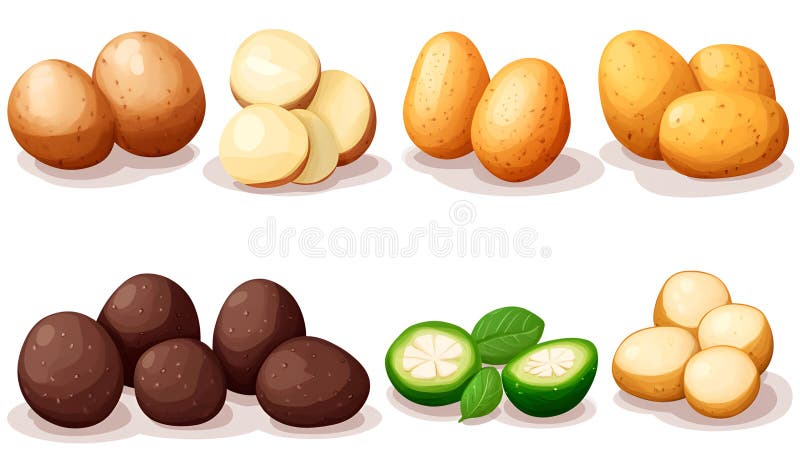 Cartofi proaspeți izolați în set alb. Diferite tipuri de bucăți și bucăți întregi royalty free stock photo