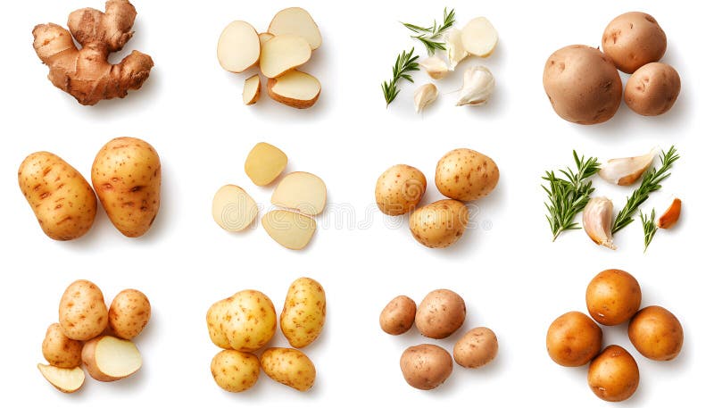Cartofi proaspeți izolați în set alb. Diferite tipuri de bucăți și bucăți întregi stock image