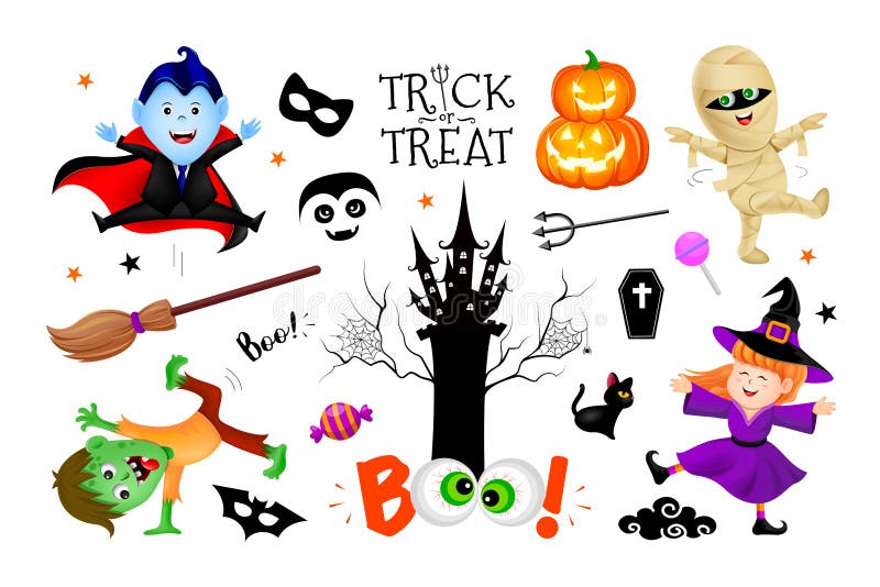 Personagens de feliz dia das bruxas. crianças engraçadas em trajes  coloridos e um gato. zumbi, múmia, bruxa, drácula.