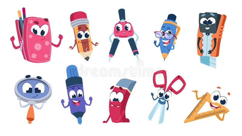 School cartoon characters. Student stationery mascots with smile faces, flat cut collection of funny educational supplies. Vector illustration set happy expressions colorful education objects. School cartoon characters. Student stationery mascots with smile faces, flat cut collection of funny educational supplies. Vector illustration set happy expressions colorful education objects