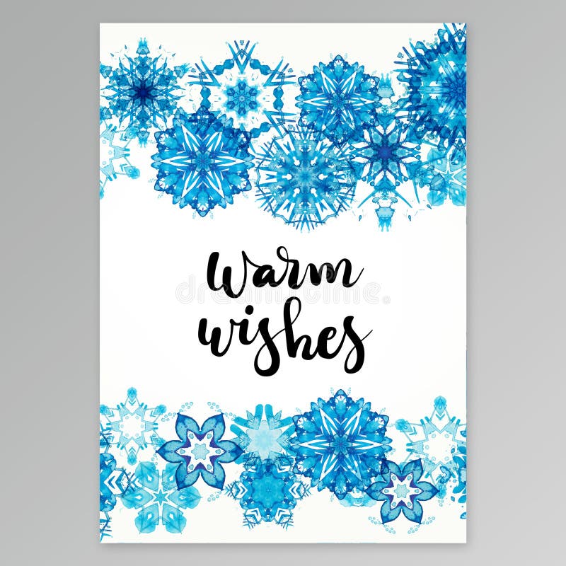 Cartolina d'auguri con i fiocchi di neve blu dell'acquerello della pittura della mano dell'acquerello royalty illustrazione gratis Cartolina d'auguri con i fiocchi di neve blu dell'acquerello della pittura della mano dell'acquerello royalty illustrazione gratis