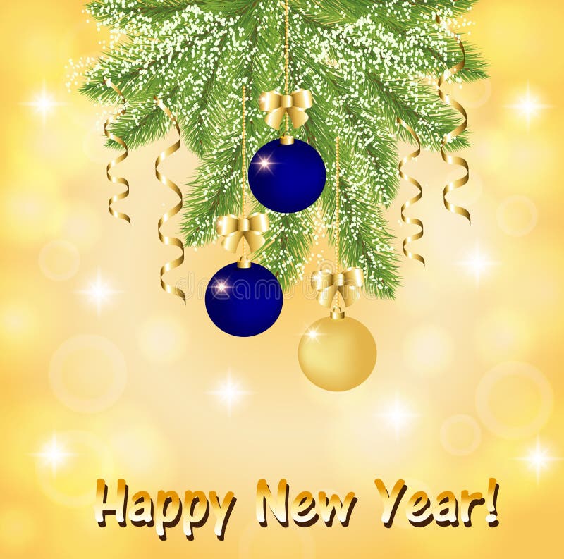 Cartolina d'auguri con un ramo dell'abete con le palle di Natale dell'oro e del blu illustrazione vettoriale Cartolina d'auguri con un ramo dell'abete con le palle di Natale dell'oro e del blu illustrazione vettoriale