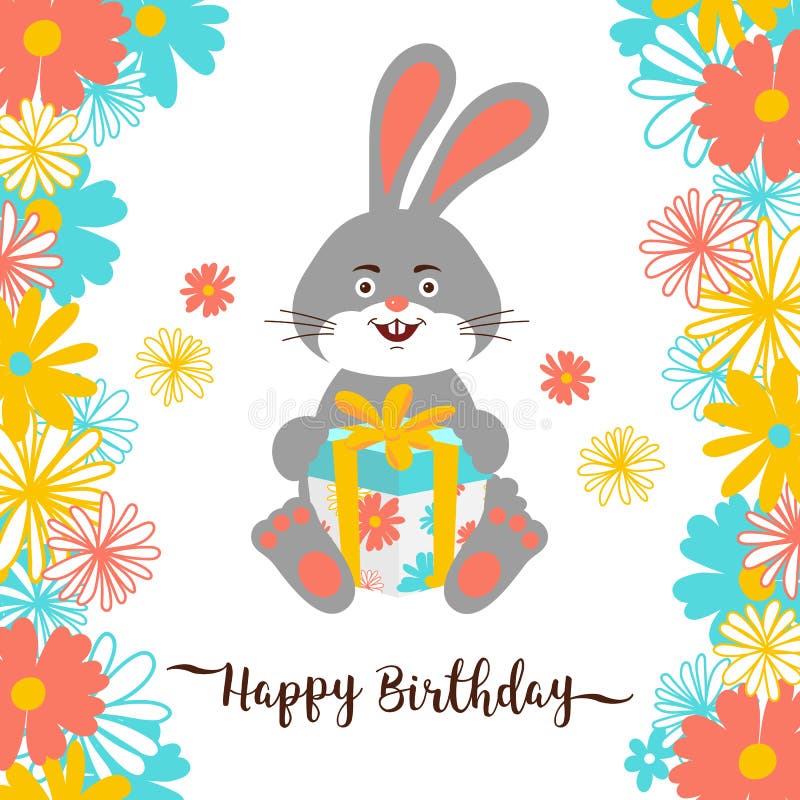 Cartolina d'auguri di buon compleanno del coniglietto del fumetto Il coniglietto sveglio tiene un regalo, segnante il buon comple royalty illustrazione gratis Cartolina d'auguri di buon compleanno del coniglietto del fumetto Il coniglietto sveglio tiene un regalo, segnante il buon comple royalty illustrazione gratis