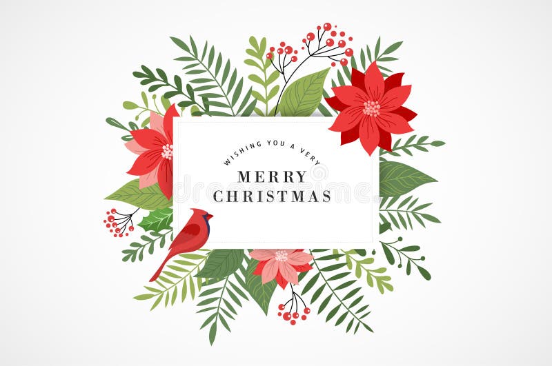 Cartolina d'auguri di Buon Natale nello stile elegante, moderno e classico con le foglie, i fiori e l'uccello royalty illustrazione gratis