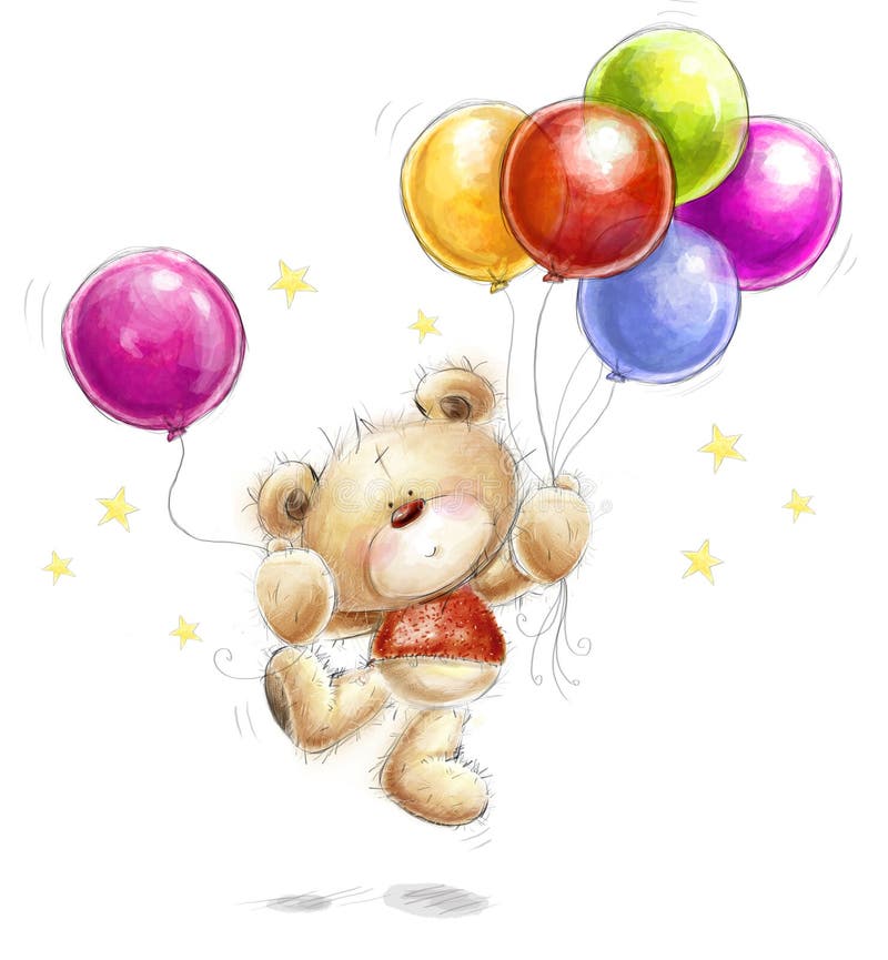 Cartolina d'auguri di compleanno Orsacchiotto sveglio con i palloni e le stelle variopinti illustrazione di stock