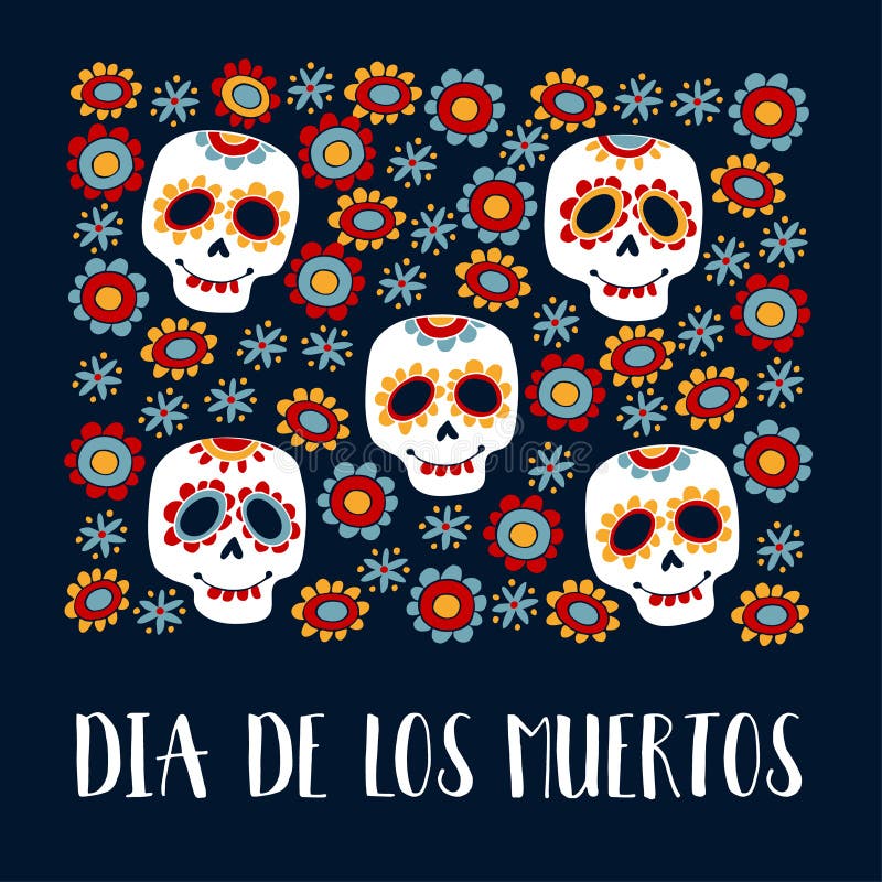 Cartolina d'auguri di Dia de Los Muertos, invito Giorno messicano dei morti Crani ornamentali dello zucchero, fiori Disegnato a m