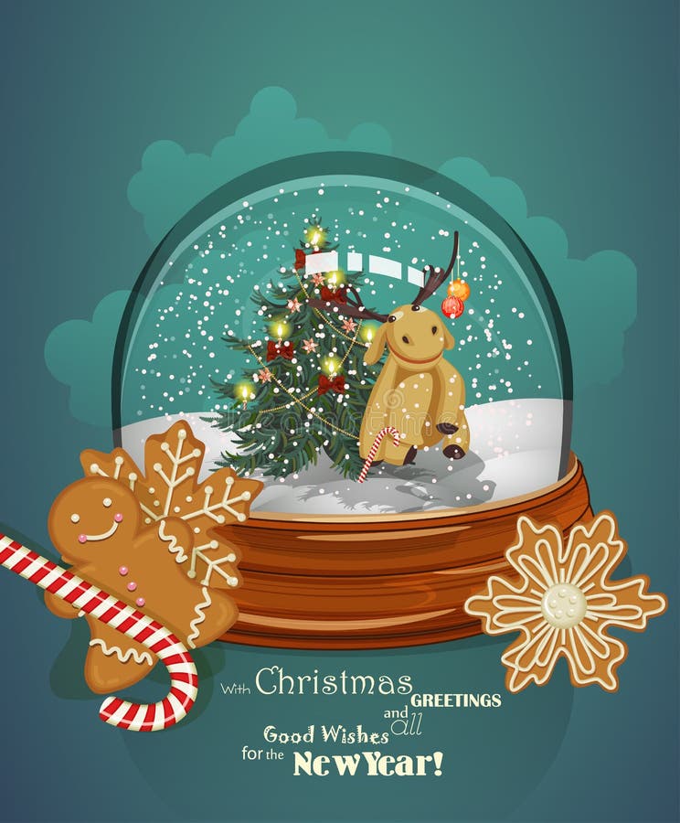 Cartolina d'auguri di Natale con l'albero di Natale in sfera nel retro stile royalty illustrazione gratis Cartolina d'auguri di Natale con l'albero di Natale in sfera nel retro stile royalty illustrazione gratis