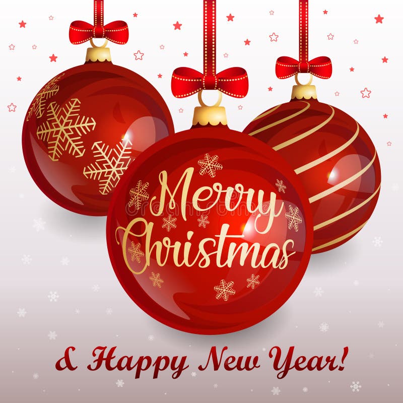Cartolina d'auguri di Natale con le palle di vetro rosse di natale e gli archi rossi sul fondo di inverno con i fiocchi di neve e royalty illustrazione gratis Cartolina d'auguri di Natale con le palle di vetro rosse di natale e gli archi rossi sul fondo di inverno con i fiocchi di neve e royalty illustrazione gratis